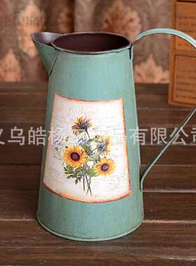 复古铁皮花瓶 法式乡村欧式 复古做旧铁艺铁皮园艺花器花插花桶