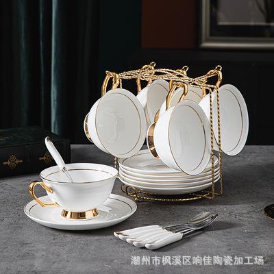 骨瓷描金耐高温陶瓷 创意 欧式 下午茶茶具套装配勺送架子6件套