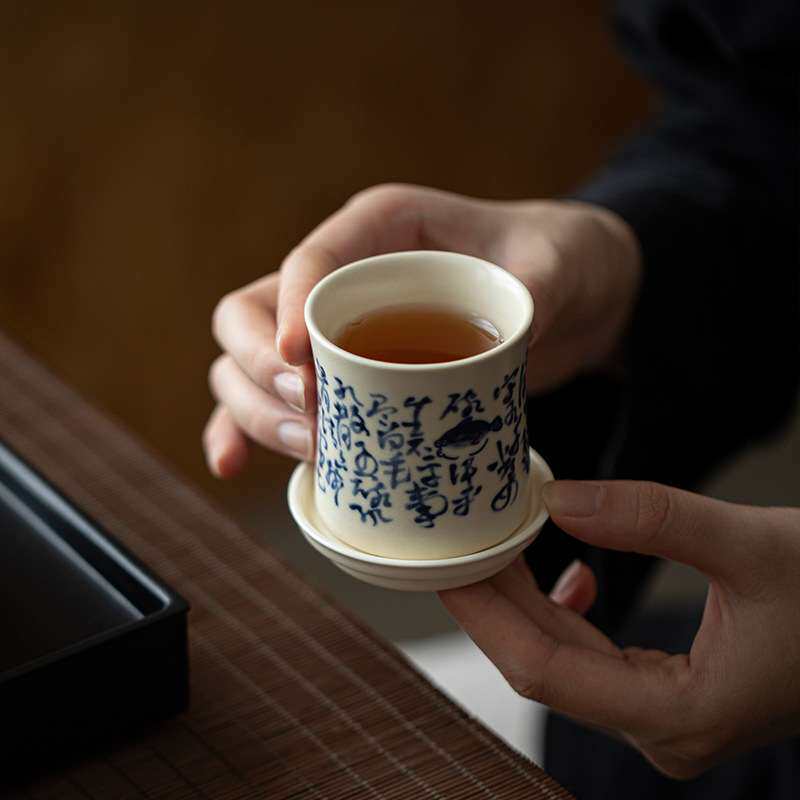 弥言手工陶瓷茶杯带杯垫青花诗文品茗杯家用聚香闻香杯开片可养杯