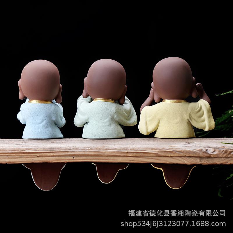 创意精品大号紫砂三不小和尚茶宠摆件禅意人物软装电视柜家居饰品
