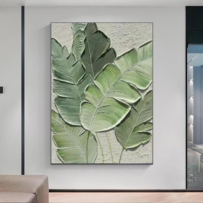 纯手绘油画芭蕉叶植物客厅挂画手工立体肌理画玄关入户高档挂画