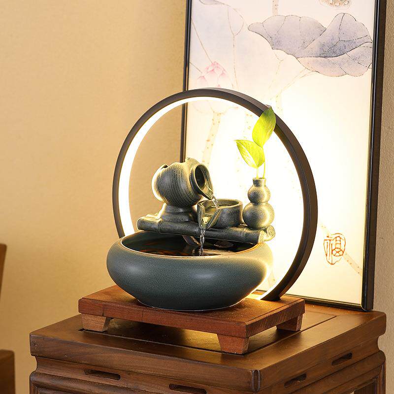 新中式招财流水摆件陶瓷小型桌面客厅茶桌办公室装饰品循环水景观
