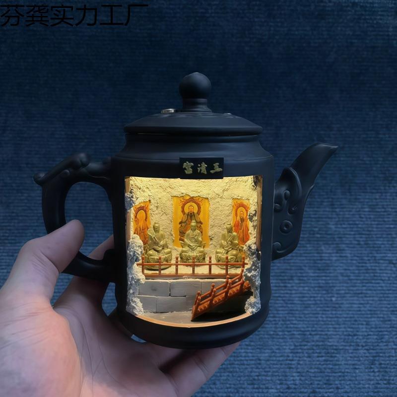 新中式微景观紫砂灯壶财神殿土地庙三清殿陶瓷模型创意茶禅意摆件