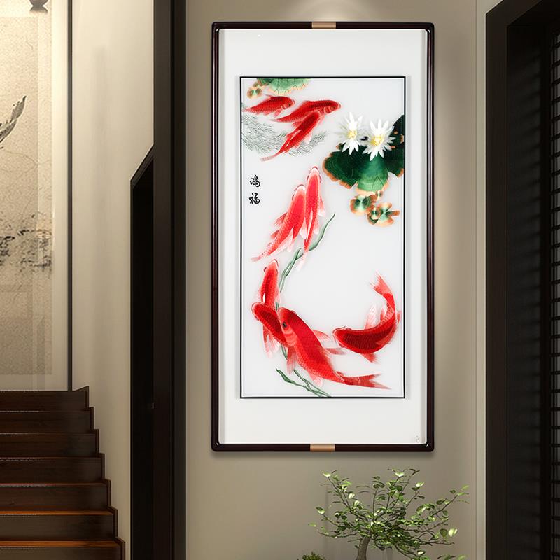 新中式刺绣入户玄关装饰画客厅苏绣挂画走廊过道山水壁画墙画竖版