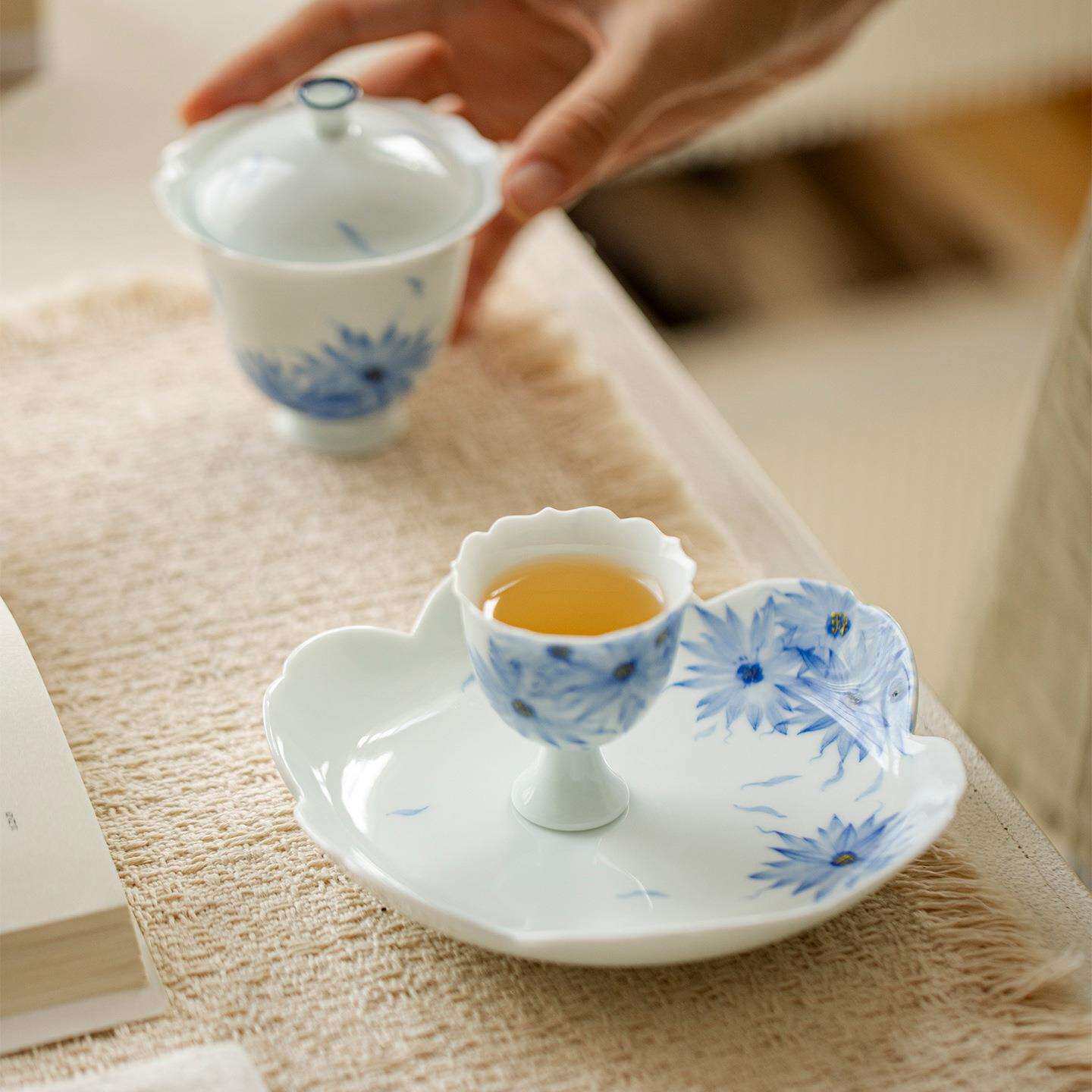 青己国风手绘青花向日葵陶瓷花瓣壶承茶道配件家用茶点盘干泡盘