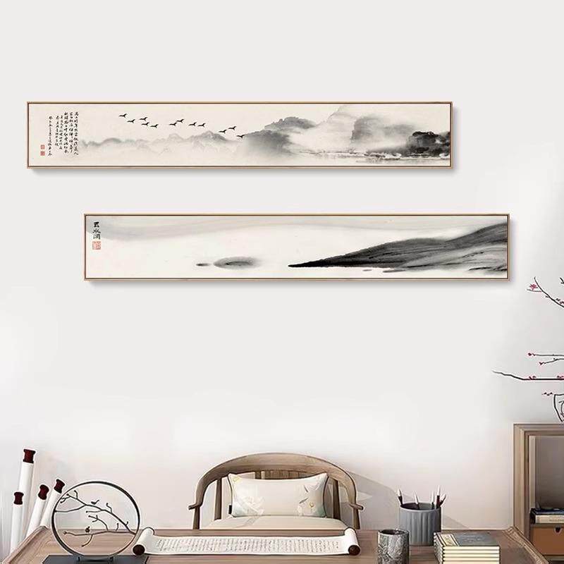 新中式客厅禅意山水画茶室横幅背景挂画书房意境水墨装饰画壁饰画