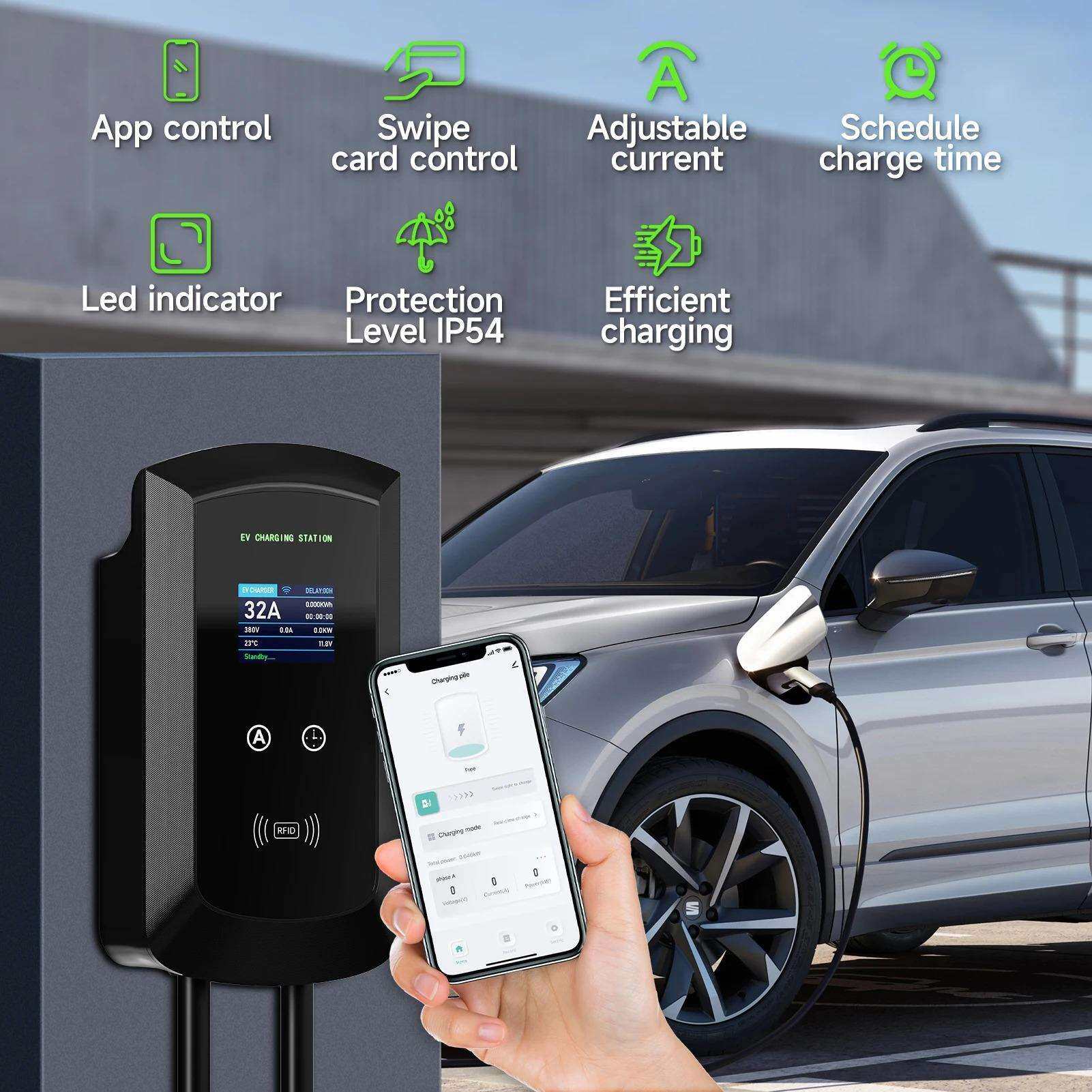 GBT新能源汽车充电器8A-16A可调节电流屏显家用充电桩11kw/22kw