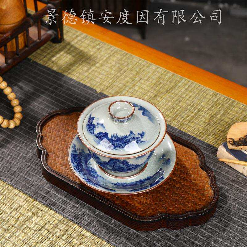 景德镇手绘山水千里江山陶瓷盖碗套装手工三才茶碗茶杯子单个防烫