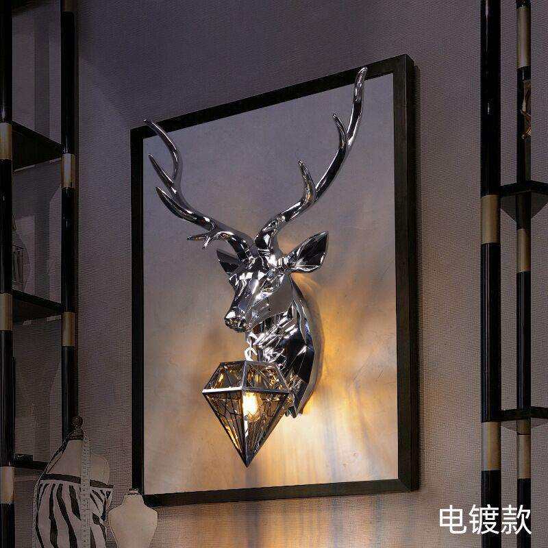 鹿头壁灯欧式电镀几何鹿客厅玄关卧室过道楼梯美式复古创意鹿角灯