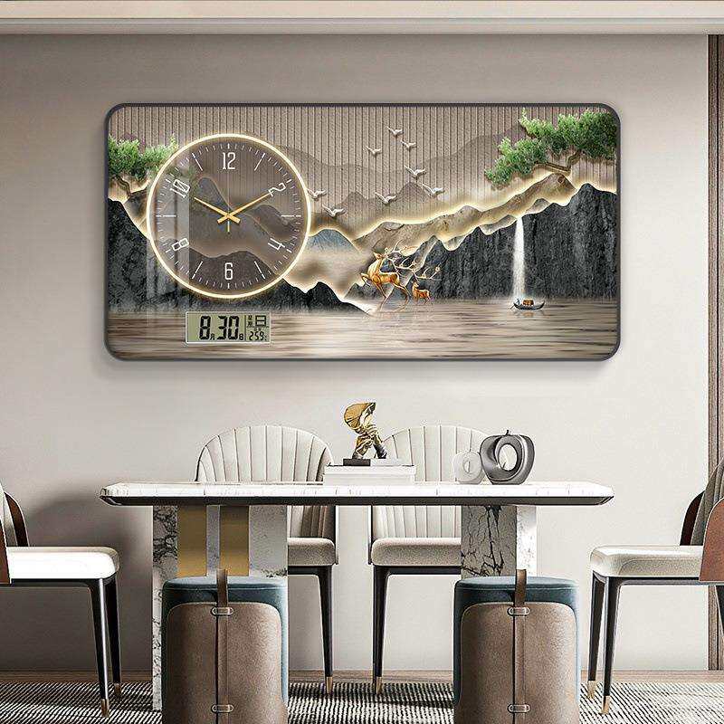 山水画餐厅装饰画新中式钟表挂画客厅家用新款时钟壁画