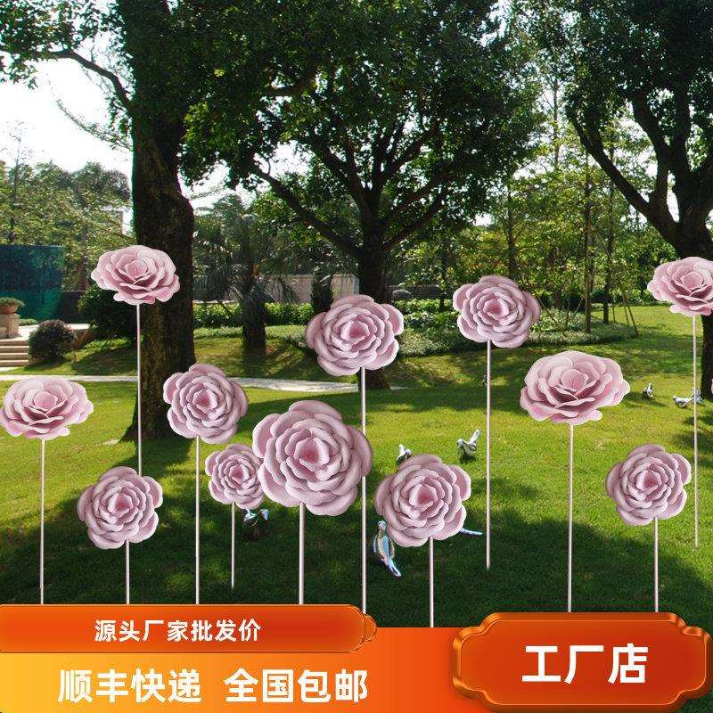 打卡拍照商业摆件玫瑰花金属网红花朵美陈装饰真户外大型铁艺绢花