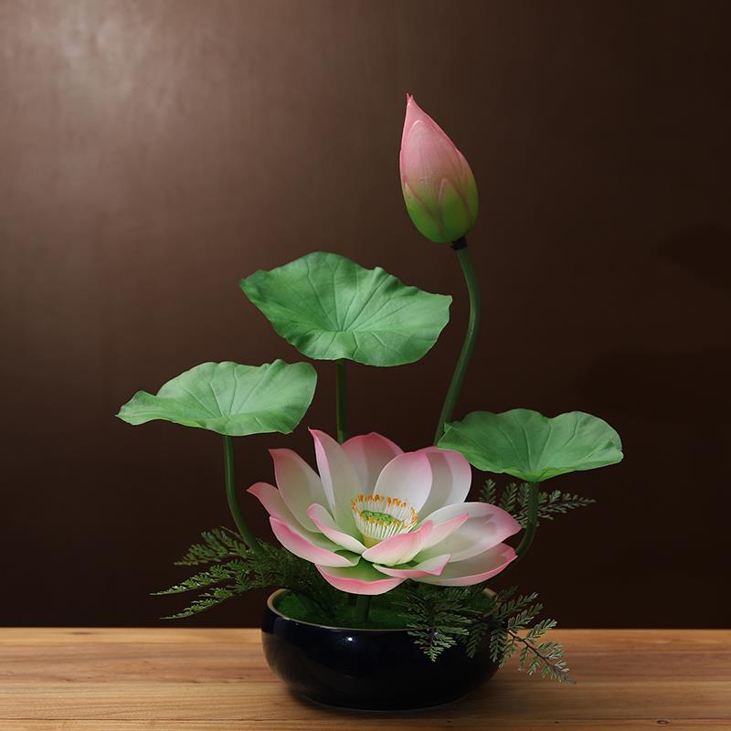 佛前供花莲花盆栽中式客厅玄关桌面荷花摆件家居假花装饰