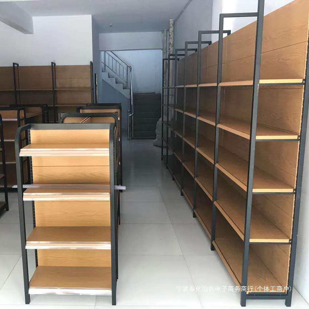 四柱超市货架新款木纹转印展示架便利店母婴多层置物架子中岛货柜