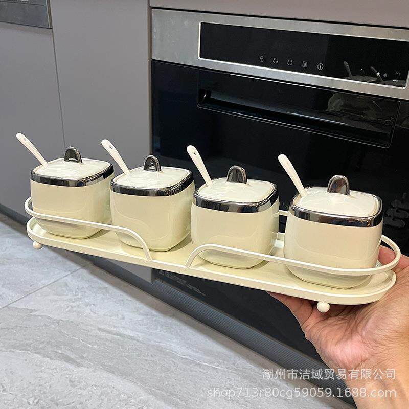 轻奢陶瓷调料盒家用厨房方形调味罐调料罐调味盒三件套四件套