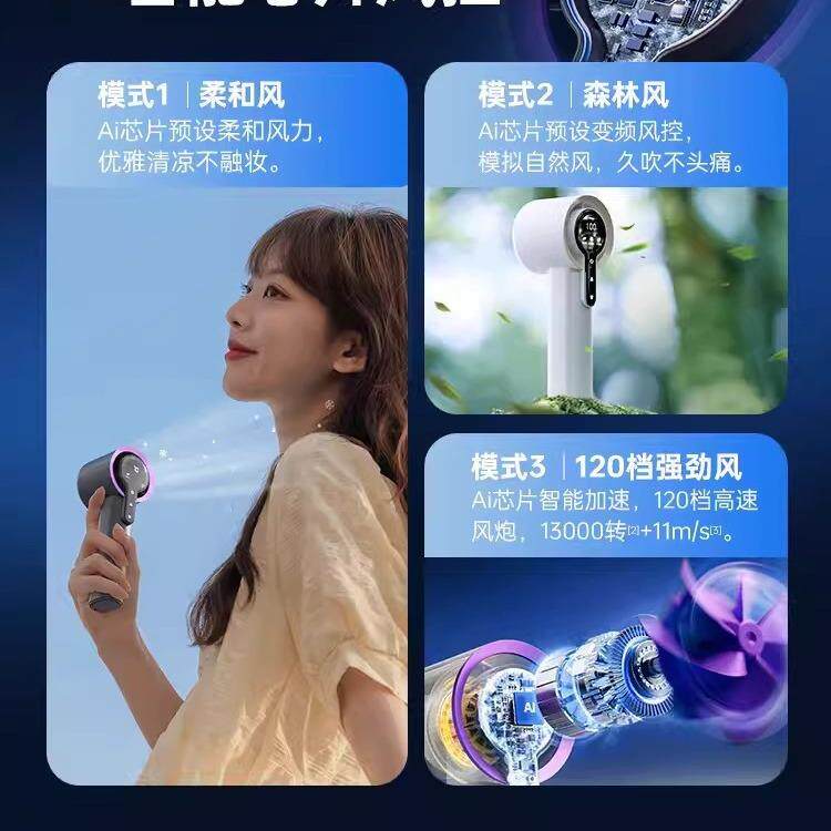 2024新款高速手持风扇100档无级调速大风力桌面涡轮降温便携风扇