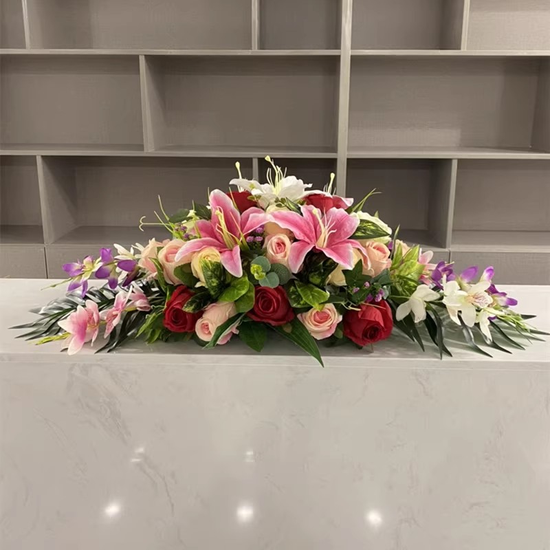 仿真花会议桌花餐桌长款摆花演讲接待台装饰花玫瑰百合花商务假花