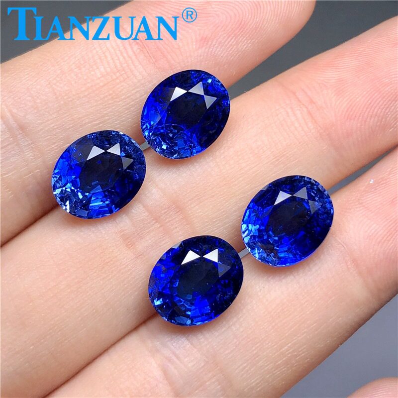 TIANZUAN 皇家蓝色蓝宝石椭圆形 带棉絮宝塔切人工培育合成蓝宝