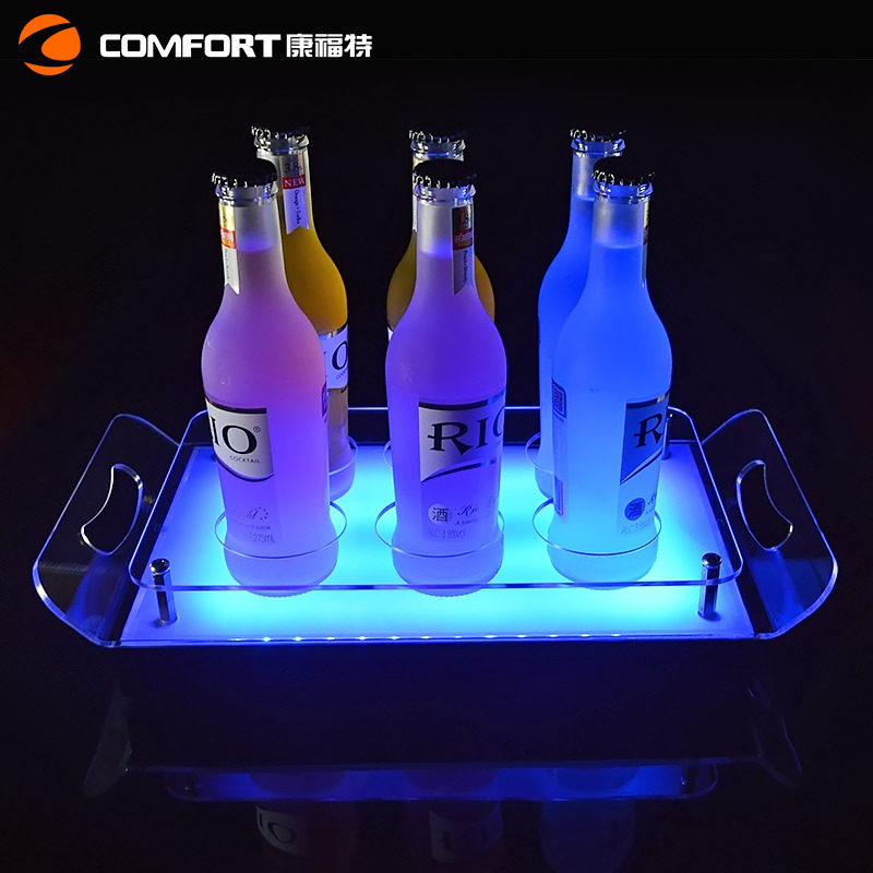 新款亚克力发光酒托餐厅酒吧用发光托盘双提手长方形LED酒座