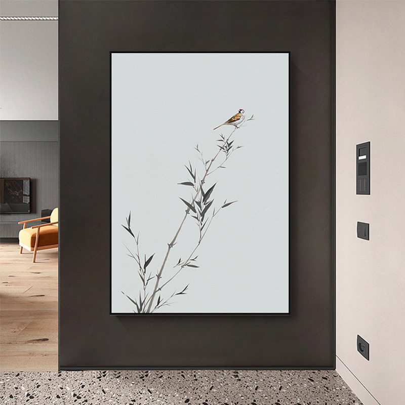 纯手绘油画新中式竹子入户挂画茶室禅意花鸟玄关装饰画书房艺术画