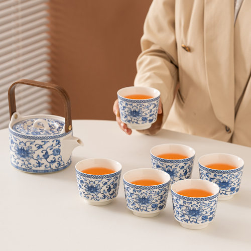 家用大茶壶提梁壶一壶六杯大茶杯大容量凉水壶养生茶壶缠枝莲套装