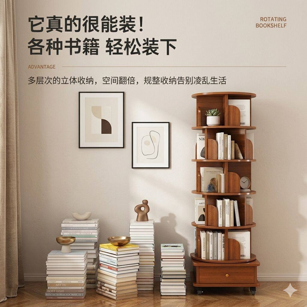 中古风书架360度旋转书柜带轮移动绘本收纳柜多层置物架客厅展示
