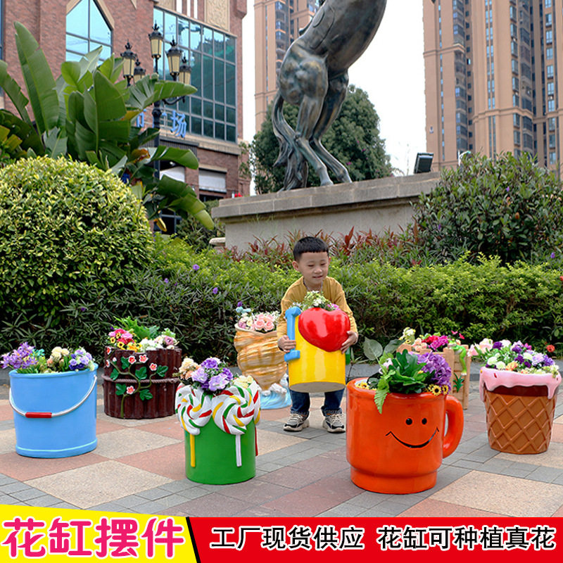 简约创意玻璃钢花盆雕塑户外售楼部商场现代花缸美陈花瓶摆件装饰