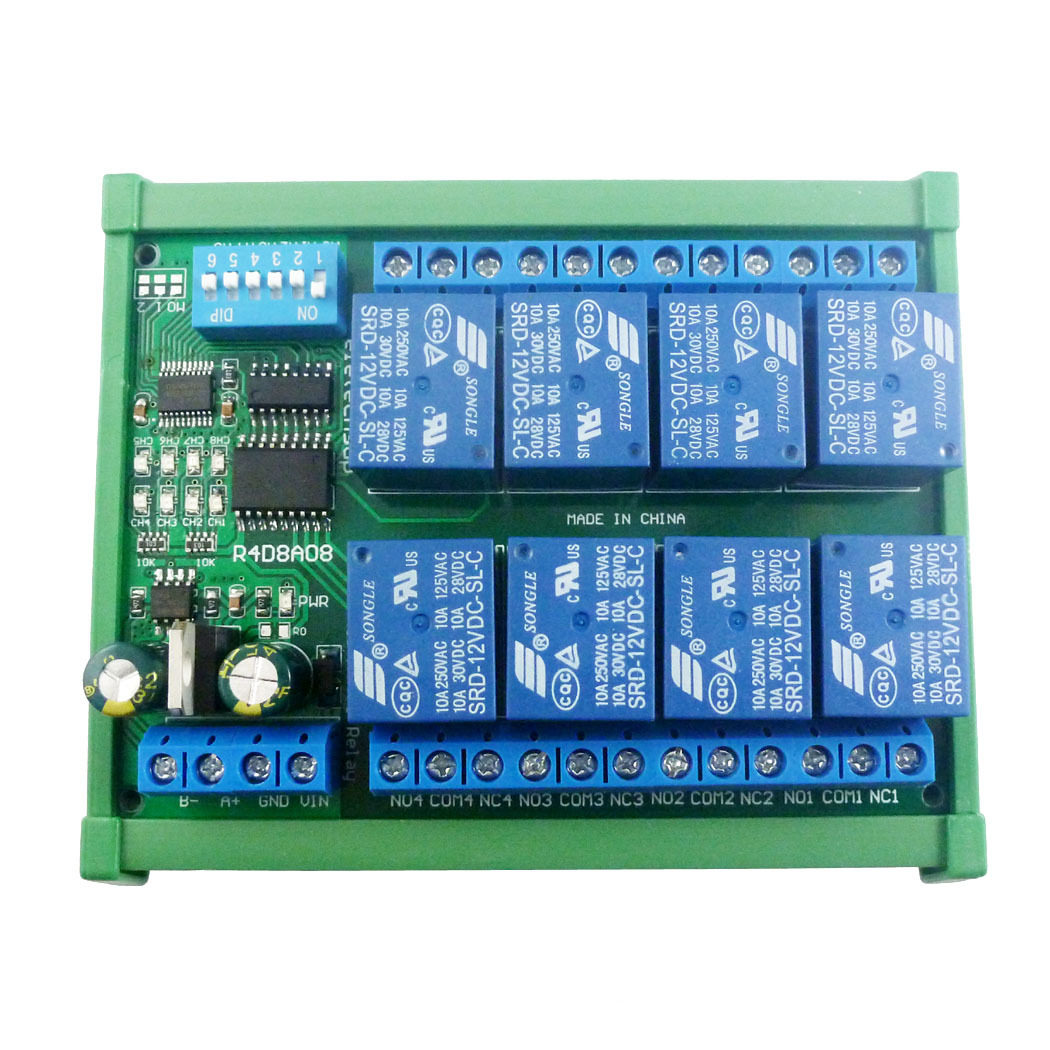 12V 8通道DIN导轨RS485继电器Modbus RTU协议远程遥控PLC扩展板