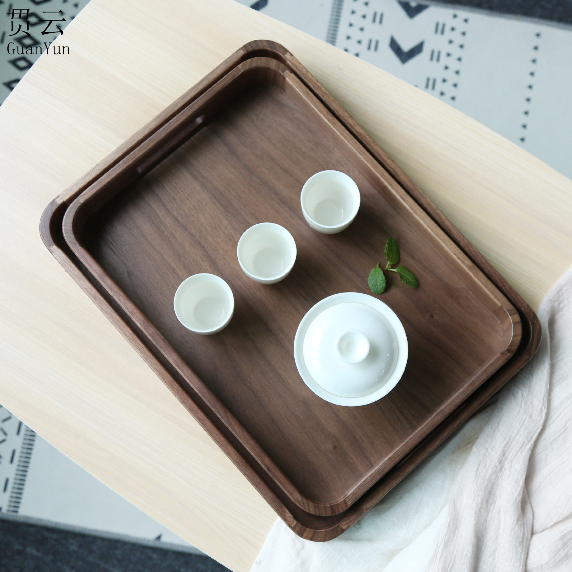 新品黑胡桃木榫卯圆角托盘 新中式实木带抓手木盘 喝茶咖啡木盘子