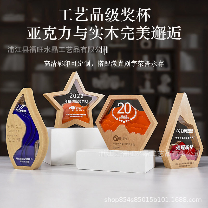 创意木质奖杯定 制实木奖牌榉木亚克力荣誉颁奖纪念品员工年会