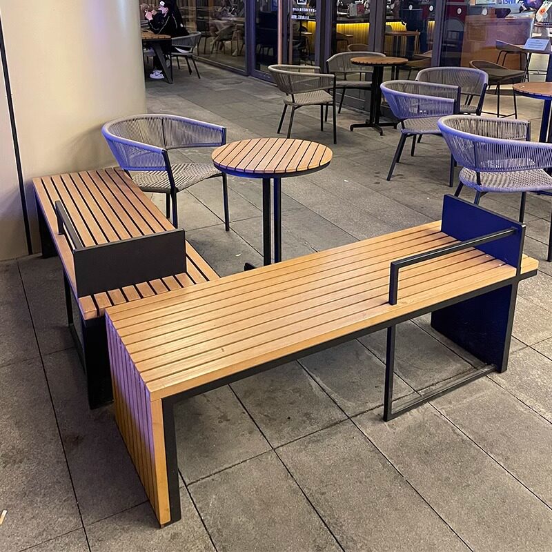 户外铁艺长凳座椅室外餐厅咖啡店奶茶店桌椅组合室外长椅休闲椅