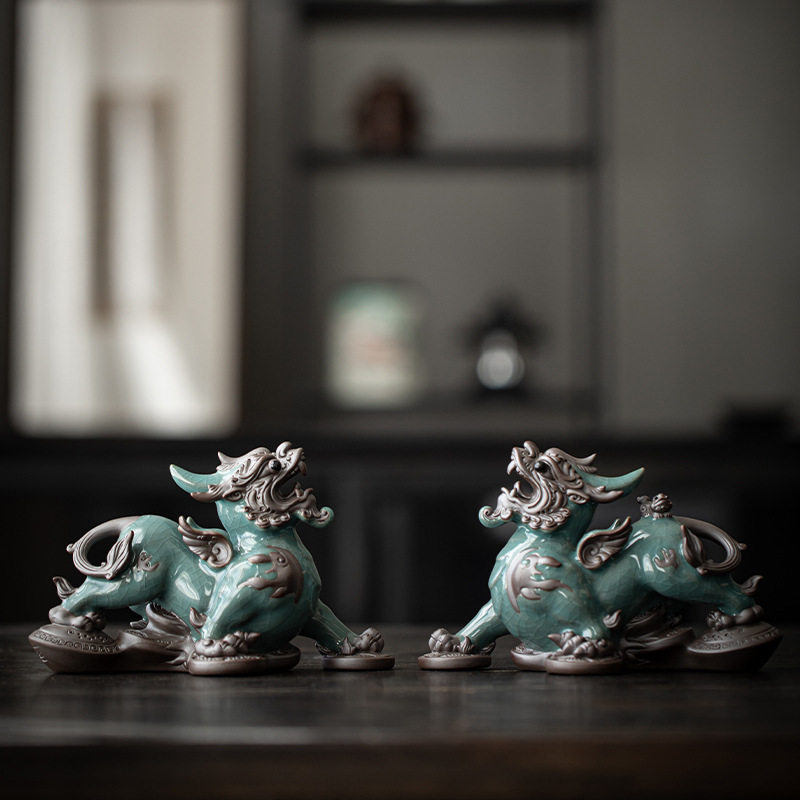 中式陶瓷貔貅茶宠摆件一对茶具家居客厅玄关装饰品办公室桌面摆设