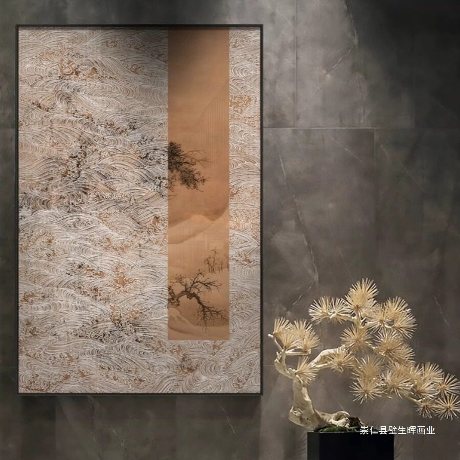 新中式风景浮雕肌理挂画客厅茶室玄关走廊壁画山水松树装饰画