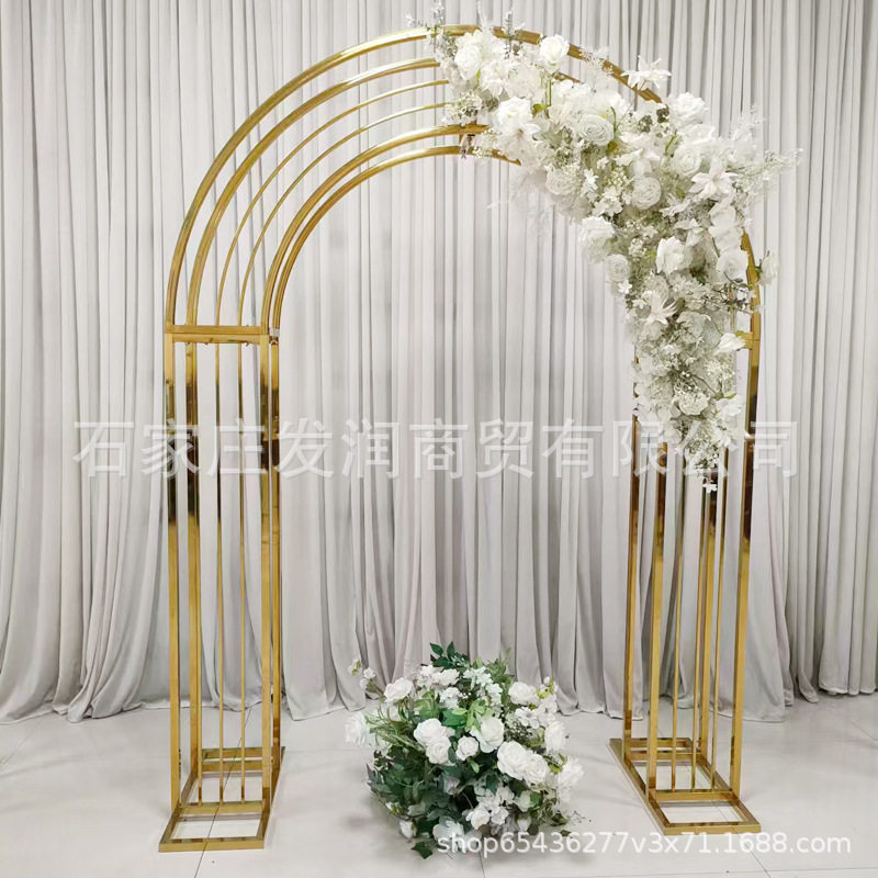 批发婚庆拱门金色不锈钢拱形花架婚礼舞台背景装饰道具安装便捷