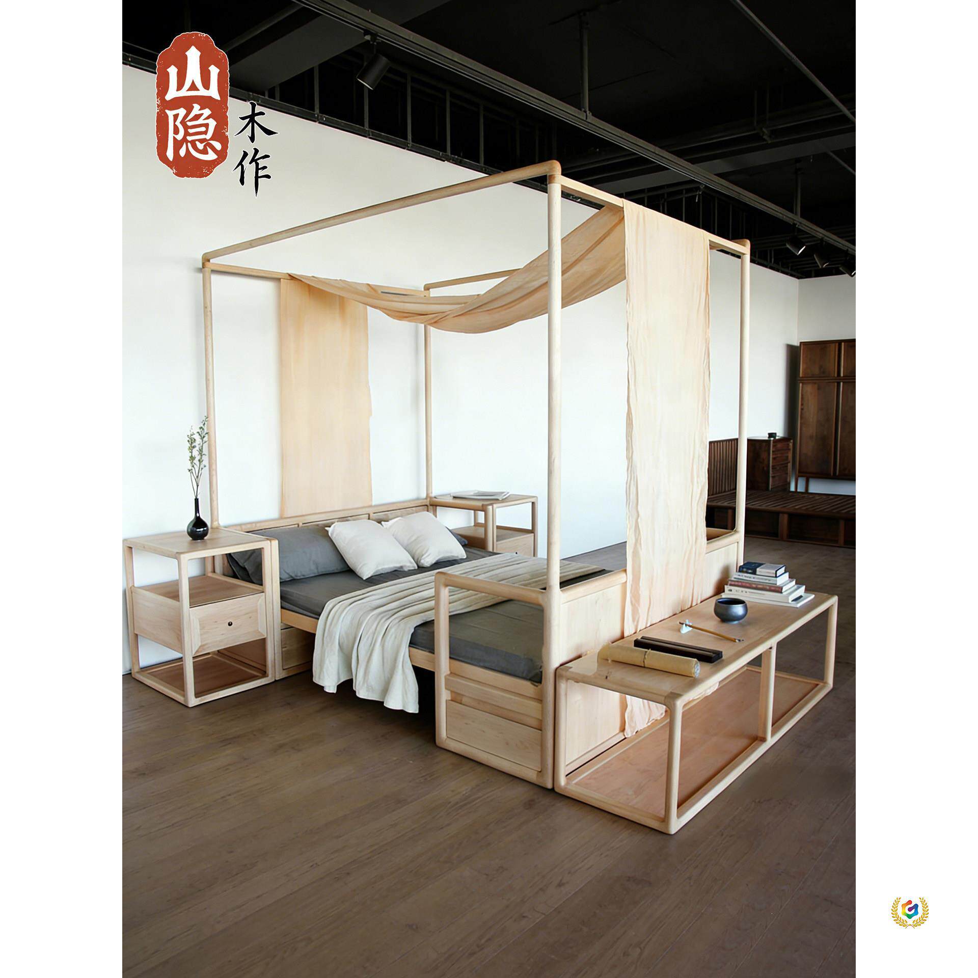 新中式原木风全实木架子床民宿禅意仿古老式四柱床双人床宋氏美学
