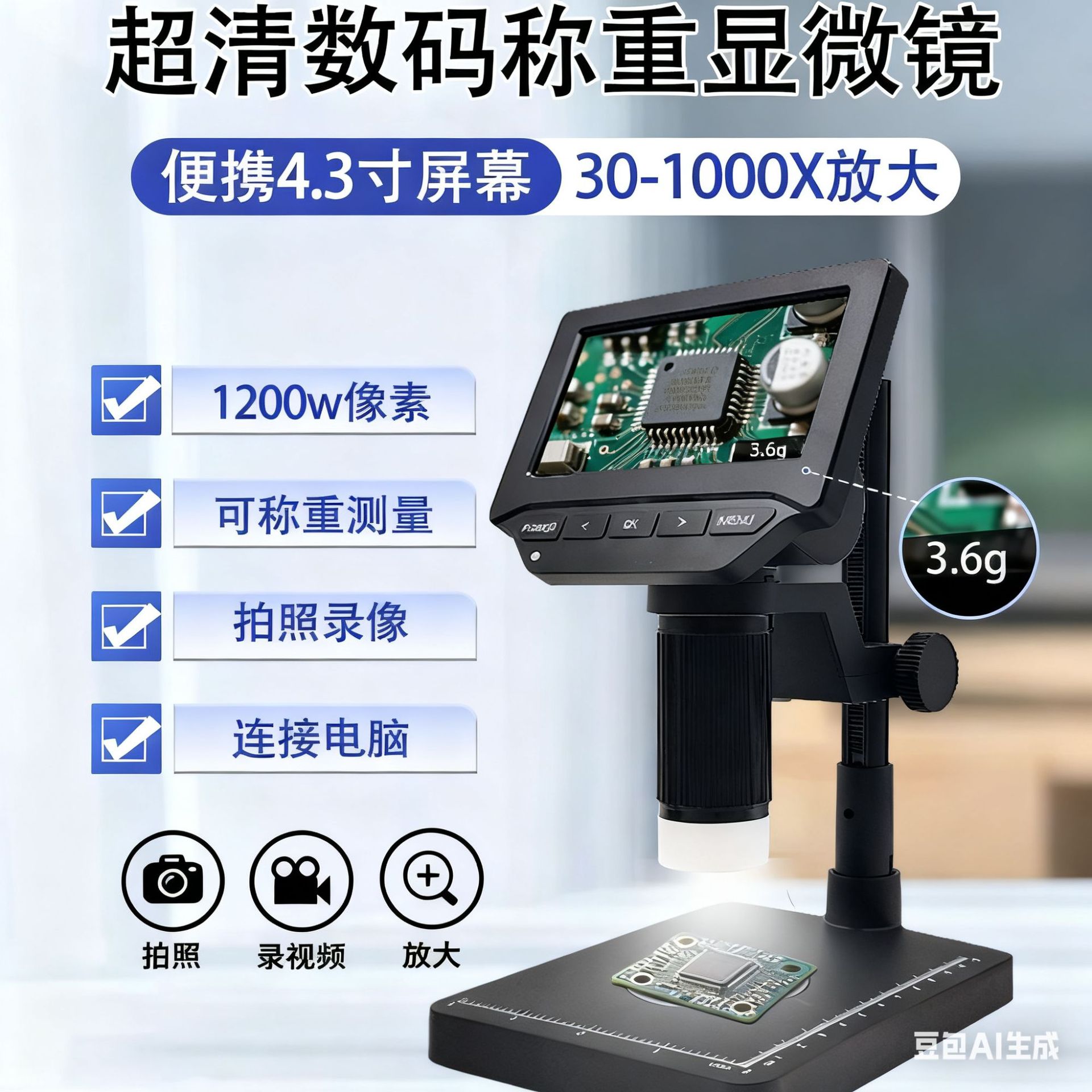 4.3寸1000倍高清307B数码显微镜 手机维修钟表生物实验仪器产 品