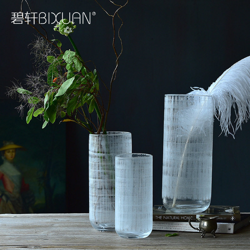 厂家批发 客厅欧式摆件插刻线透明花瓶家居装饰品创意玻璃花瓶样