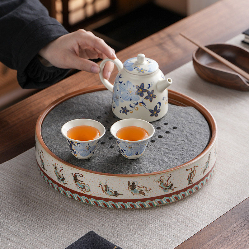 汝窑储水圆形茶盘乌金石高档家用托盘陶瓷新款茶台沥水干泡台茶托