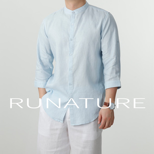 夏季亚麻立领七分袖男宽松大码纯色简约休闲衬衫半袖透气清新上衣