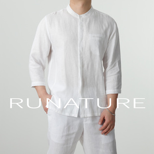 新款亚麻休闲衬衫男立领七分袖衬衣中古风简约舒适透气半袖上衣