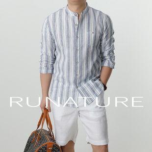 春夏麻棉立领开衫男宽松透气薄款休闲风衬衫舒适百搭条纹长袖上衣