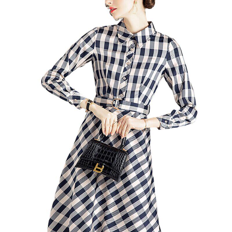 奈昕让您穿着漂亮个性化私人订制 56030复古格子连衣裙腰带女神范