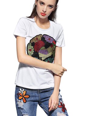 奈昕让您穿着漂亮个性化私人订制 33497 复古雕图T恤潮流缀花牛仔