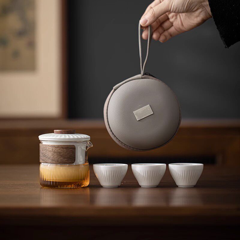 创意玻璃快客杯旅行茶具一壶三杯家用便携式户外旅游功夫泡茶杯