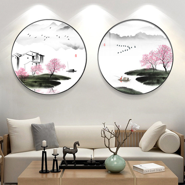 新中式圆形山水禅意玄关装饰画客厅餐厅书房挂画走廊过道茶室壁画