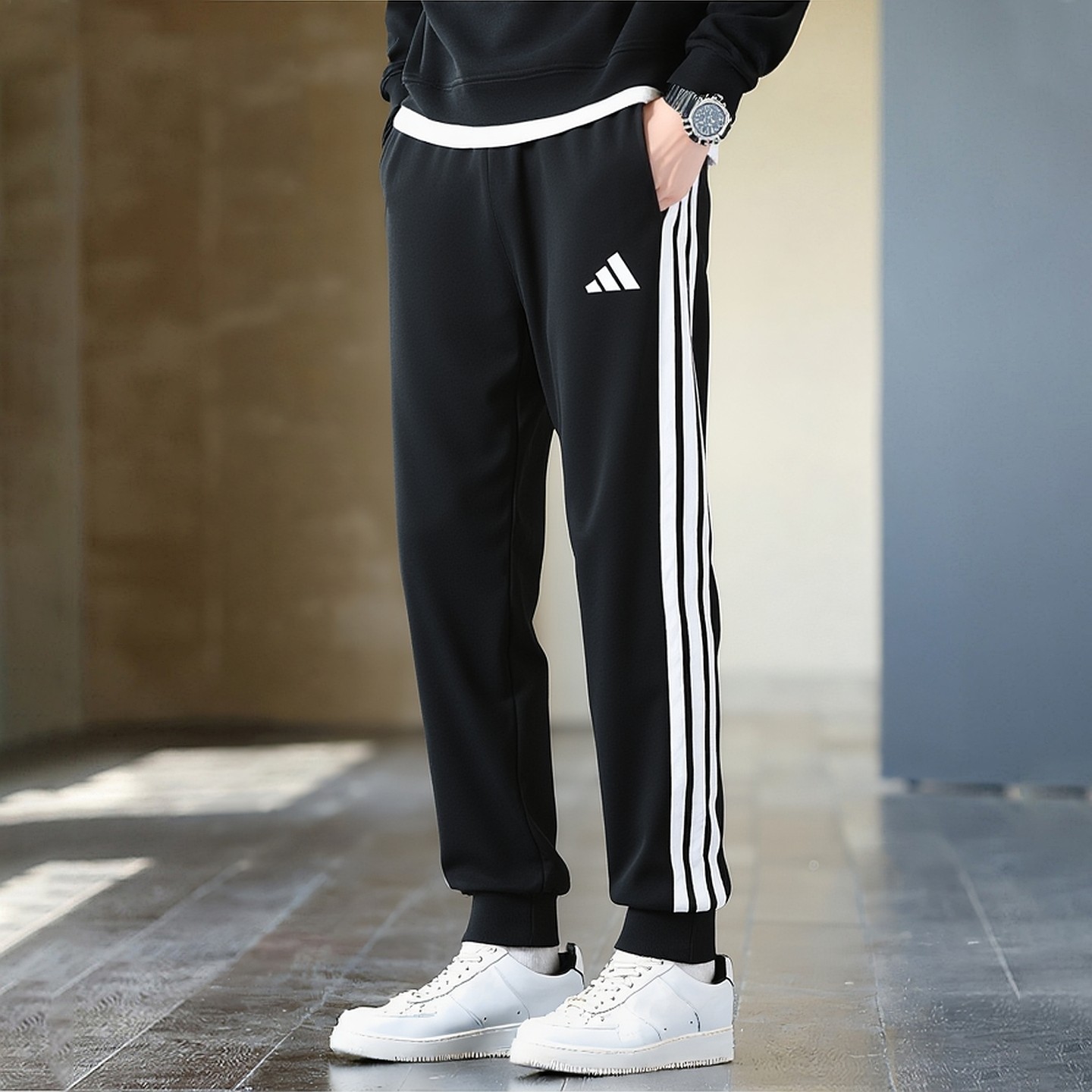 阿迪达斯男舒适透气跑步运动裤三条杠透气时尚休闲收口卫裤JD1881