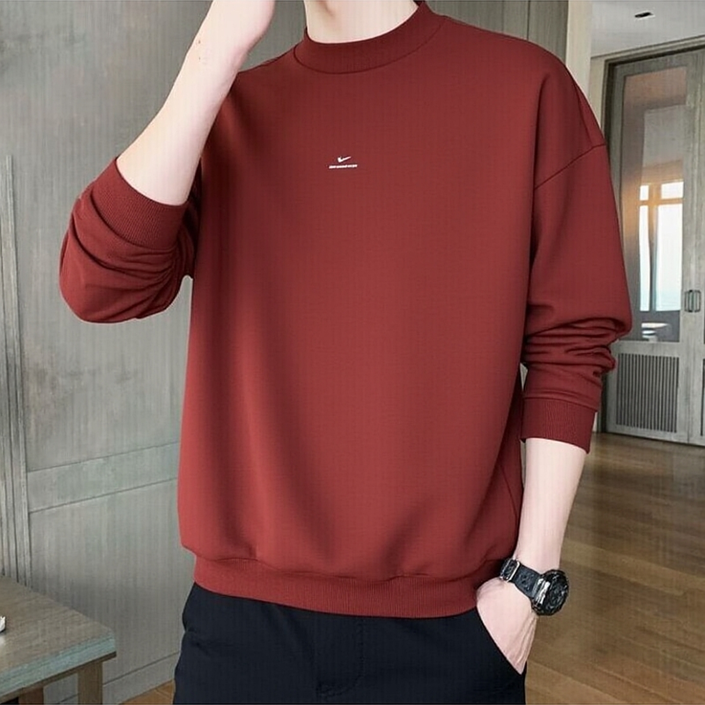 耐克Nke卫衣男装酒红色新年款运动服加绒保暖圆领上衣美式套头衫