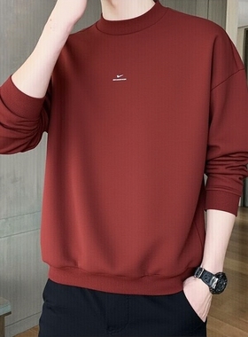 耐克Nke卫衣男装酒红色新年款运动服加绒保暖圆领上衣美式套头衫