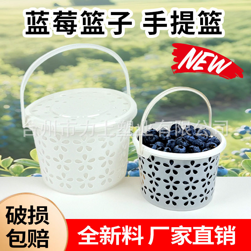 新料蓝莓采摘篮塑料篮子圆形水果篮塑料手提篮带盖蓝莓小白桶