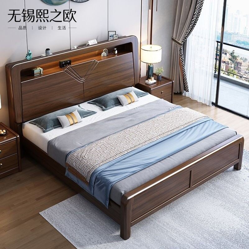 金丝檀木1.5m储物床双人大床1.8×2米主卧婚床高箱床全实木床中式