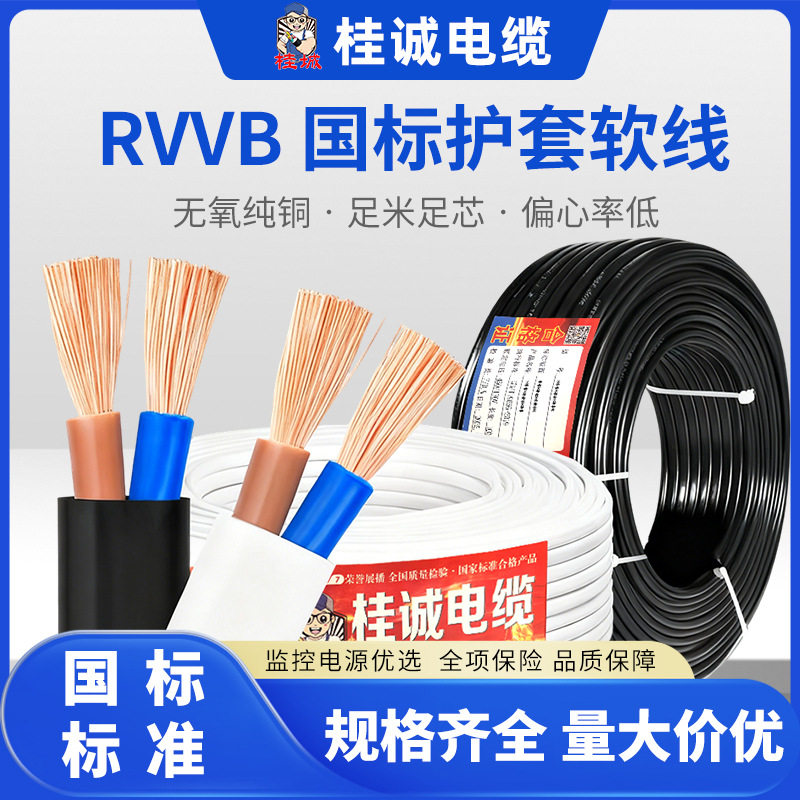 国标RVVB铜芯双绝缘软线0.5-6平方纯铜多股耐磨损家装布线电源线